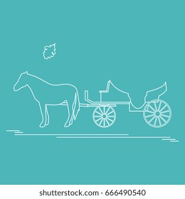 Vector illustration with horse-drawn carriage and oak leaf. Travel and leisure. Design for banner, poster or print.