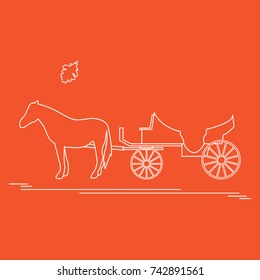 Vector illustration with horse-drawn carriage and oak leaf. Travel and leisure. Design for banner, poster or print.