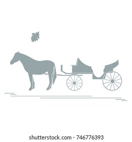 Vector illustration with horse-drawn carriage and oak leaf. Travel and leisure. Design for banner, poster or print.