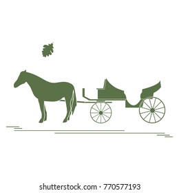 Vector illustration with horse-drawn carriage and oak leaf. Travel and leisure. Design for banner, poster or print.