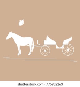 Vector illustration with horse-drawn carriage and oak leaf. Travel and leisure. Design for banner, poster or print.