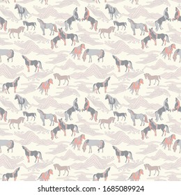 Vector illustration of horses in different poses, stylized mountains, hills, winds and rivers. Seamless pattern in shades of cream, tan, pink and brown. Designed for scrapbooking, wallpaper, gift wrap