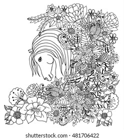 Vector illustration horse's head in zentangle colors. Doodle drawing. Meditative exercises. Coloring anti stress for adults. Black and white.