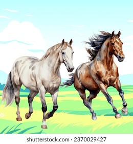  vector illustration of horses in the pasture