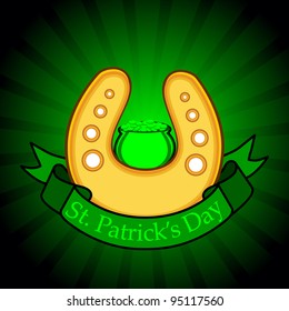 Vector illustration of horse-shoe having on ribbon with cauldron for St. Patrick's Day.