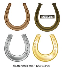 Vector illustration of a horseshoe set with Golden symbol of happiness, good luck silver and copper old iron horseshoes products of the blacksmith for the horses ' hooves