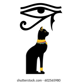 Vector illustration Horus eye and Bastet Egypt cat on isolated on white background. Egypt sun eye. Black sitting Egyptian cat. 