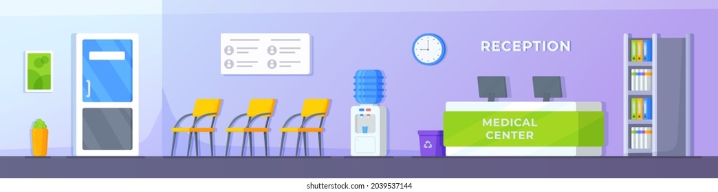 Vector Illustration Of A Hospital Background. Medical Center, Reception And Doctor's Office. Waiting Area For Patients.