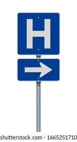 Vector Illustration Of The Hospital Blue Road Sign With Arrow On Metallic Post