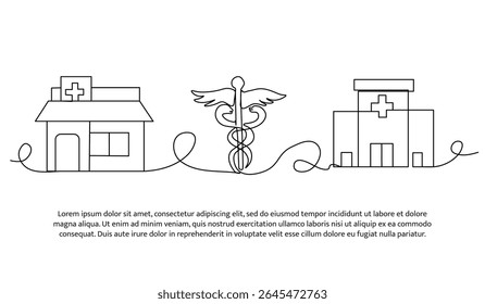 Vector illustration of hospital building with caduceus medicine symbol. Modern flat in continuous line style.