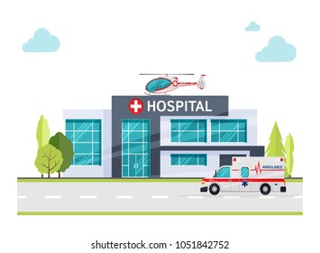 Ilustración vectorial de un concepto de construcción hospitalaria . Clínica moderna con helicóptero y vehículo de ambulancia en estilo plano aislado en fondo blanco.