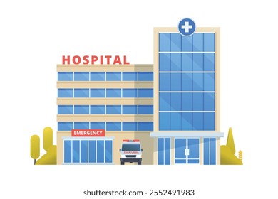 Vector illustration of a Hospital Building in flat design, showcasing a clean and modern front view with medical symbols and welcoming architecture.
