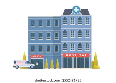 Ilustração vetorial de um edifício hospitalar em design plano, mostrando uma vista de frente limpa e moderna com símbolos médicos e arquitetura acolhedora.