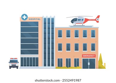 Ilustração vetorial de um edifício hospitalar em design plano, mostrando uma vista de frente limpa e moderna com símbolos médicos e arquitetura acolhedora.