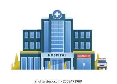 Ilustração vetorial de um edifício hospitalar em design plano, mostrando uma vista de frente limpa e moderna com símbolos médicos e arquitetura acolhedora.