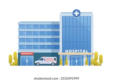 Vector illustration of a Hospital Building in flat design, showcasing a clean and modern front view with medical symbols and welcoming architecture.