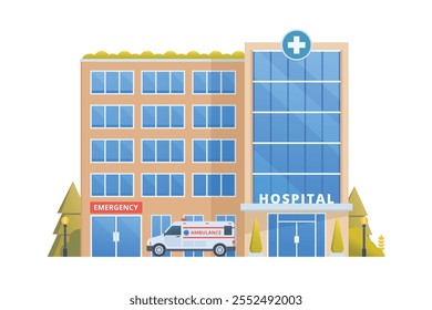 Ilustración vectorial de un edificio hospitalario de diseño plano, que muestra una vista frontal limpia y moderna con símbolos médicos y una arquitectura acogedora.