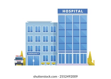 Vector illustration of a Hospital Building in flat design, showcasing a clean and modern front view with medical symbols and welcoming architecture.