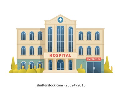 Vector illustration of a Hospital Building in flat design, showcasing a clean and modern front view with medical symbols and welcoming architecture.