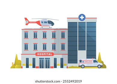 Vector illustration of a Hospital Building in flat design, showcasing a clean and modern front view with medical symbols and welcoming architecture.