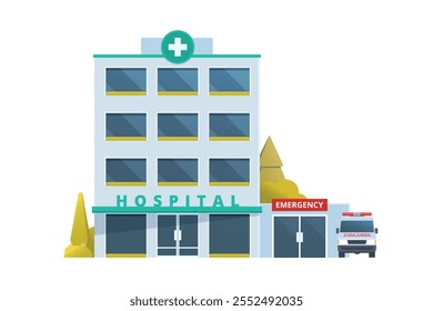 Vector illustration of a Hospital Building in flat design, showcasing a clean and modern front view with medical symbols and welcoming architecture.