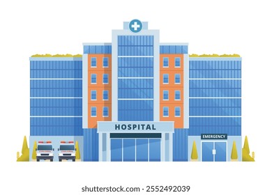 Ilustração vetorial de um edifício hospitalar em design plano, mostrando uma vista de frente limpa e moderna com símbolos médicos e arquitetura acolhedora.