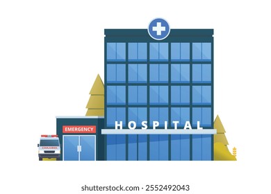 Vector illustration of a Hospital Building in flat design, showcasing a clean and modern front view with medical symbols and welcoming architecture.