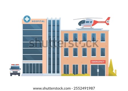 Vector illustration of a Hospital Building in flat design, showcasing a clean and modern front view with medical symbols and welcoming architecture.