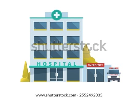Vector illustration of a Hospital Building in flat design, showcasing a clean and modern front view with medical symbols and welcoming architecture.