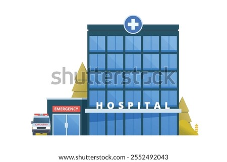 Vector illustration of a Hospital Building in flat design, showcasing a clean and modern front view with medical symbols and welcoming architecture.