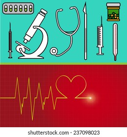 Vector illustration with hospital instruments on green background.