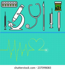 Vector illustration with hospital instruments on green background.