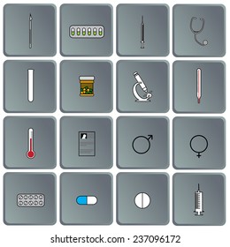 Vector illustration with hospital instruments placed in the button.