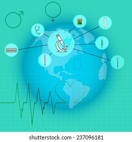Vector illustration with hospital instruments placed in world.