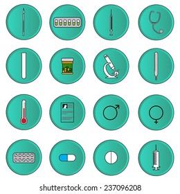Vector illustration with hospital instruments placed in the button.