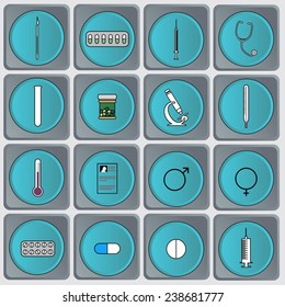 Vector illustration with hospital instruments placed in the button.