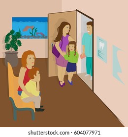 Vector Illustration Of A Hospital Mother And Daughter Leaving The Doctor's Office. Mom And Son Are Waiting For A Dentist.