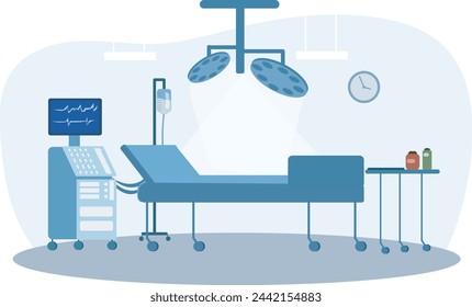 Vector illustration of hospital operation room interior with advanced medical equipment.  Patient bed, Intensive care, anesthesia, surgery. 