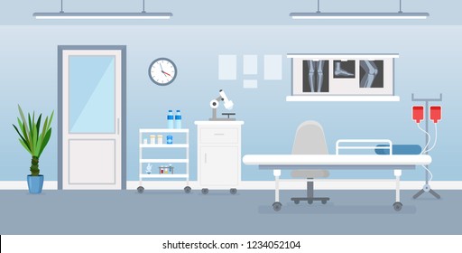 Vector Illustration Of Hospital Room Interior With Medical Tools, Bed And Table. Room In Hospital In Flat Cartoon Style.