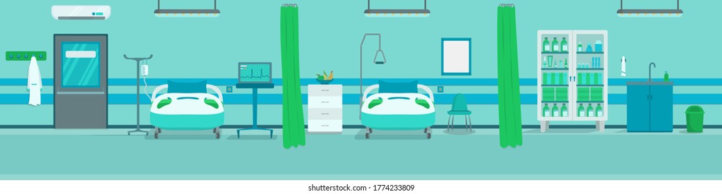 Vector illustration of the hospital room. Medical background with hospital beds and other interior elements.