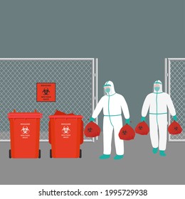 vector illustration, hospital staff in PPE suit Take the infected garbage bag, dispose of it in a place with a trash can. Contains the symbol of biologically infected waste, coronavirus (covid-19).