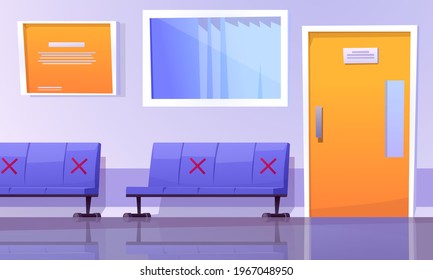 Vector illustration of hospital waiting room, implementation of social distancing. Perfect for logos, web pages, health themed banners.