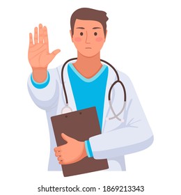 Ilustración vectorial, personaje de caricatura de trabajador hospitalario diciendo No, médico médico aislado de fondo blanco, médico masculino mostrando gesto de parada con palma de mano, signo de advertencia, concepto de prohibición