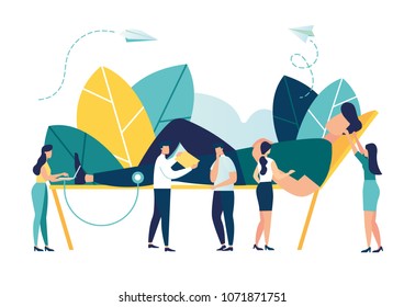 Vector illustration, hospitalization of a patient, a sick person lies in a medical cot, doctors treat a patient, a routine examination, medical examination Vector illustration, hospitalization of a patient, a sick person lies in a medical cot, doctors treat a patient, a routine examination, medical examination