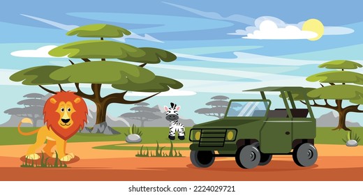 Vector illustration of a hot African safari. Cartoon mountains landscape with SUV, left, zebra, trees, shroud in translucent sky.