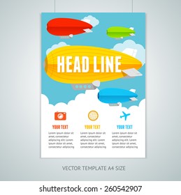 Vector illustration hot air ballons with clouds brochure flyer design templates in A4 size