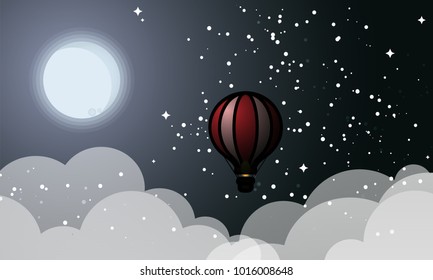 Vector illustration of hot air balloon float on night sky with full moon, star and white cloud background. Flat design. Concept for travel agency, motivation, adventure, discovery, journey, adventure.