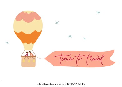 Vector illustration of hot air balloon with banner for lettering on blue sky with birds. Isolated flat cartoon air balloon with people. For print, card, flyer, fabric, textile, poster. 