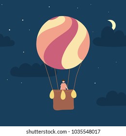 Vector illustration of hot air balloon with passenger in night sky with clouds, stars, moon. Isolated flat cartoon air balloon. Hand drawn for print, card, flyer, fabric, textile, poster. 
