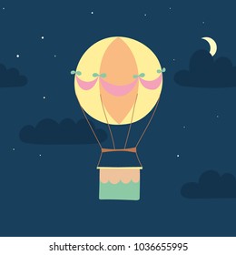 Vector illustration of hot air balloon in night sky with clouds, stars, moon. Isolated flat cartoon air balloon. Hand drawn for print, card, flyer, fabric, textile, poster. 